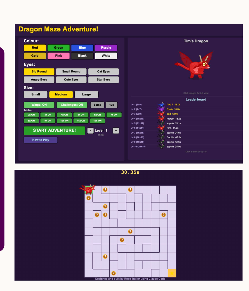 The Dragon Maze home screen: dragon customisation on the left, a sample maze on the right, and the shared leaderboard with mini dragon avatars next to each player's name.
